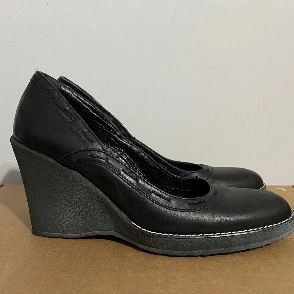 Pierluigi Fantoni‎ Womens Black Leather Slip-On Wedge Pump Heels Size 38